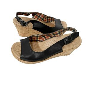 Crocs A-Leigh Leather Black Slingback Cork Wedge Comfort Sandals Size 8